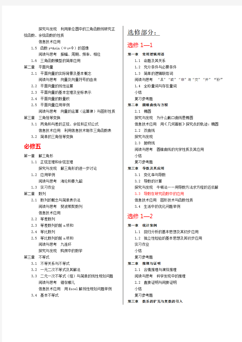 高中数学课本目录(新人教版)