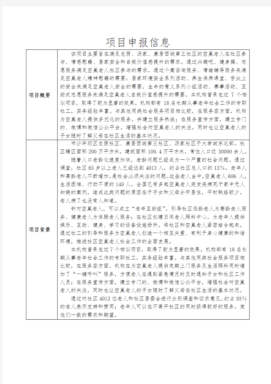 “燕归巢”空巢老人社会工作服务项目