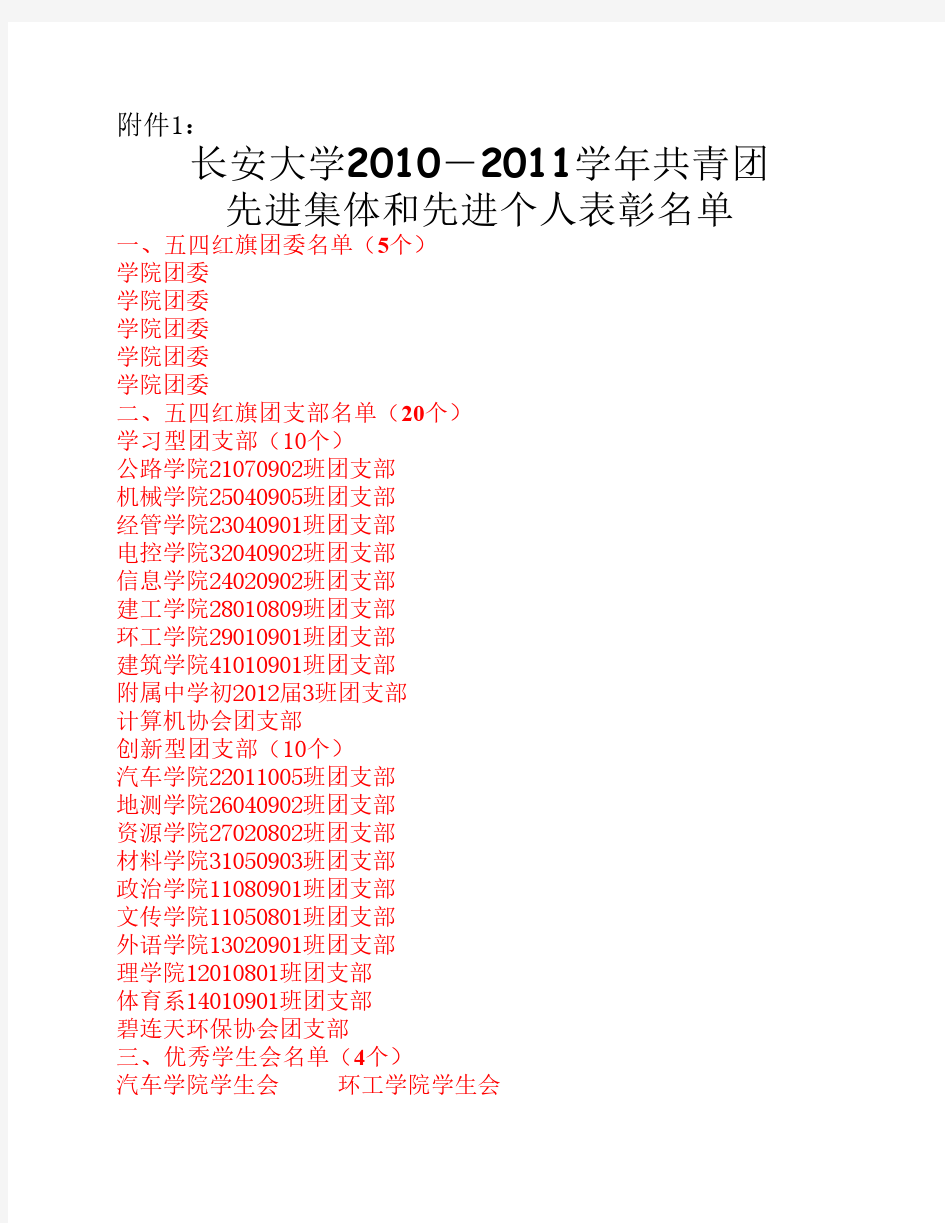 长安大学2010—2011学年共青团先进集体和先进个人表彰名单