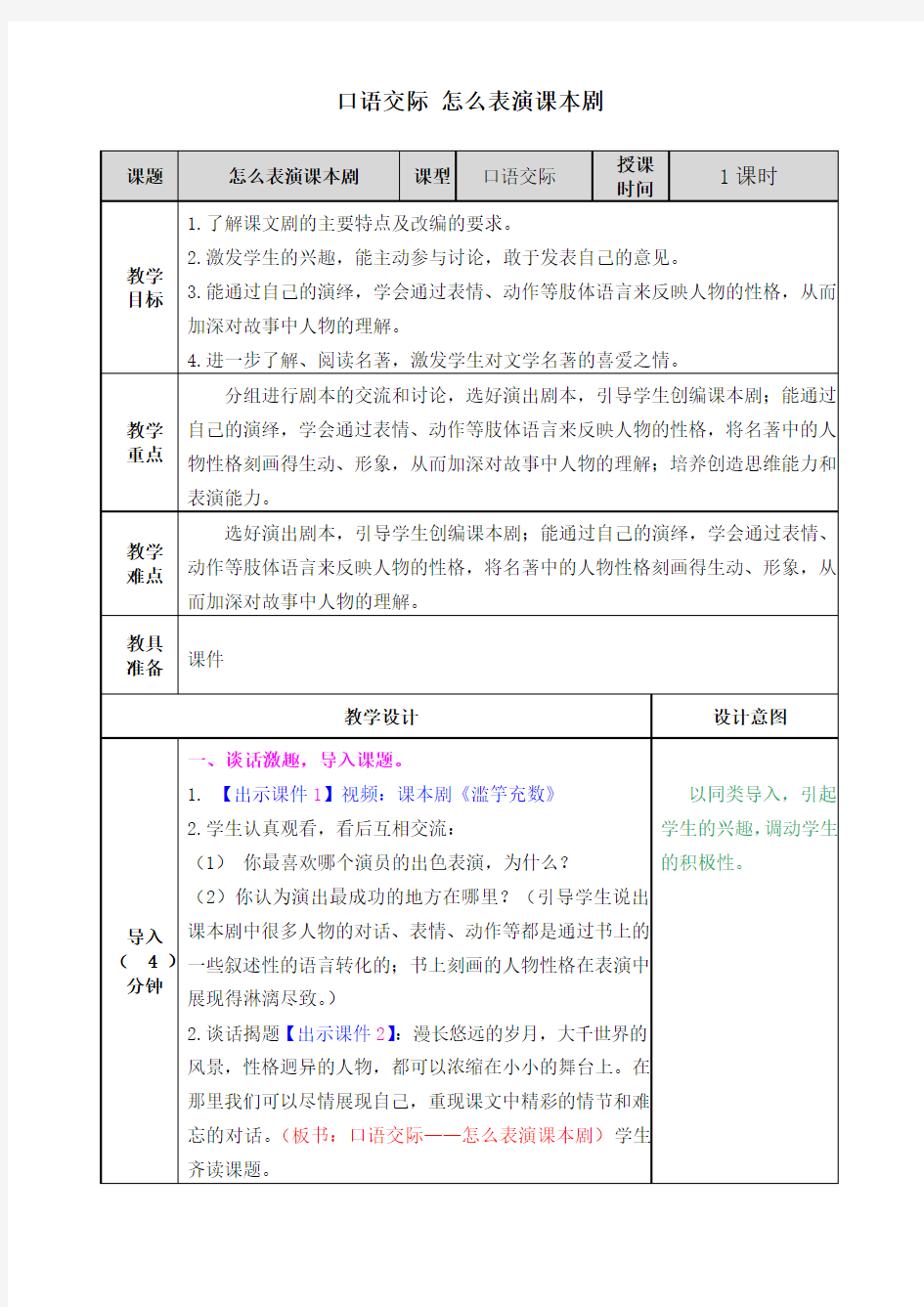 部编版五年级语文下册口语交际：怎么表演课本剧