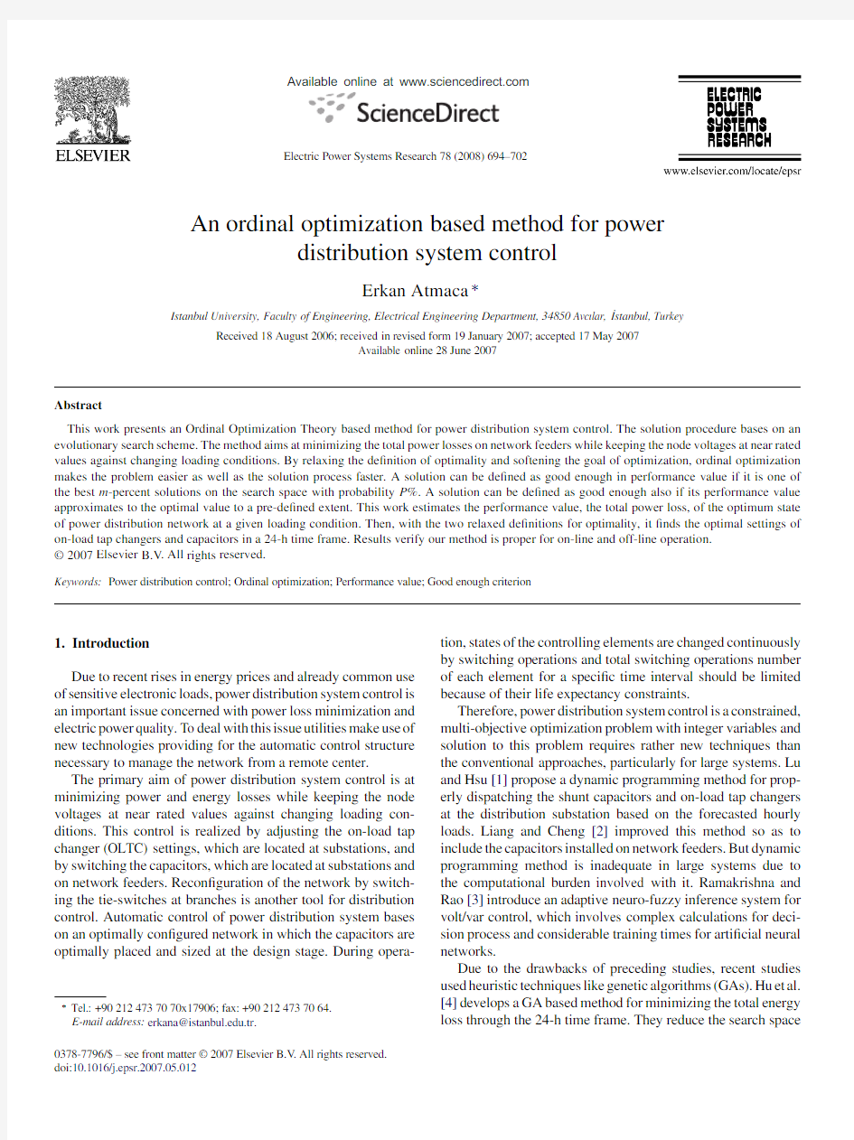 An ordinal optimization based method for power distribution system control