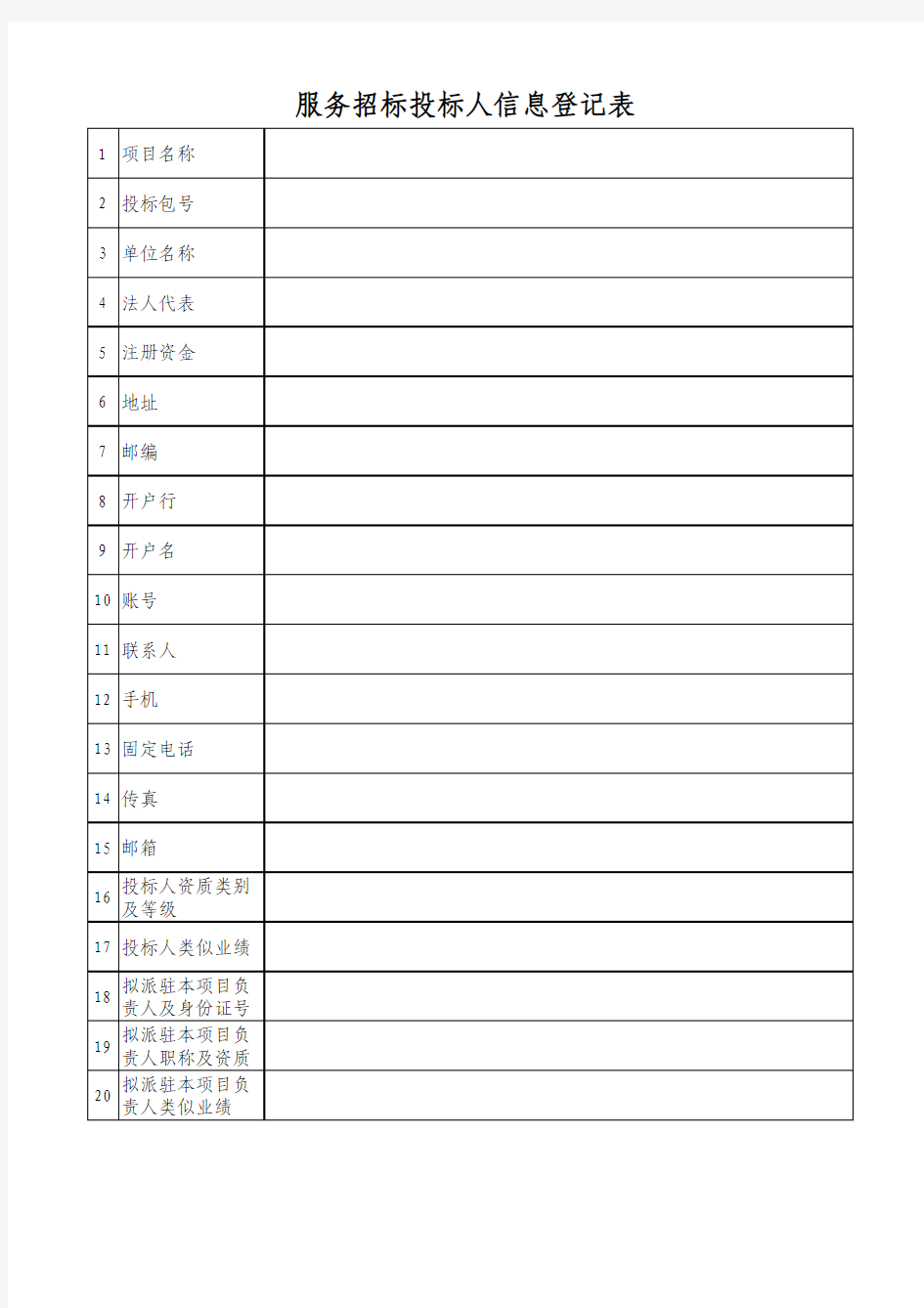 服务招标投标人信息登记表