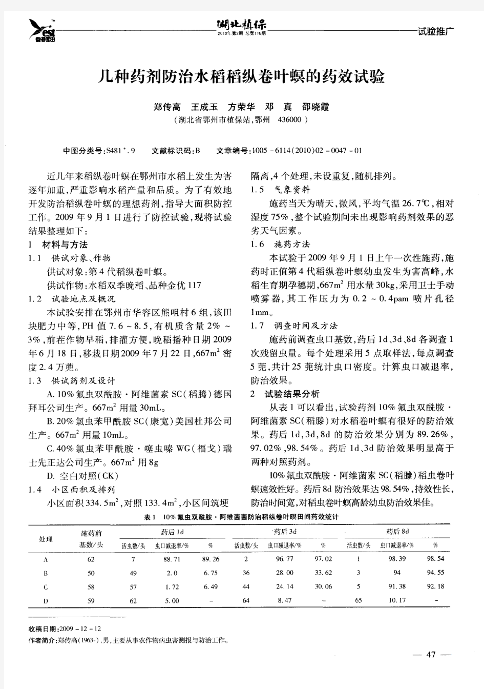 几种药剂防治水稻稻纵卷叶螟的药效试验