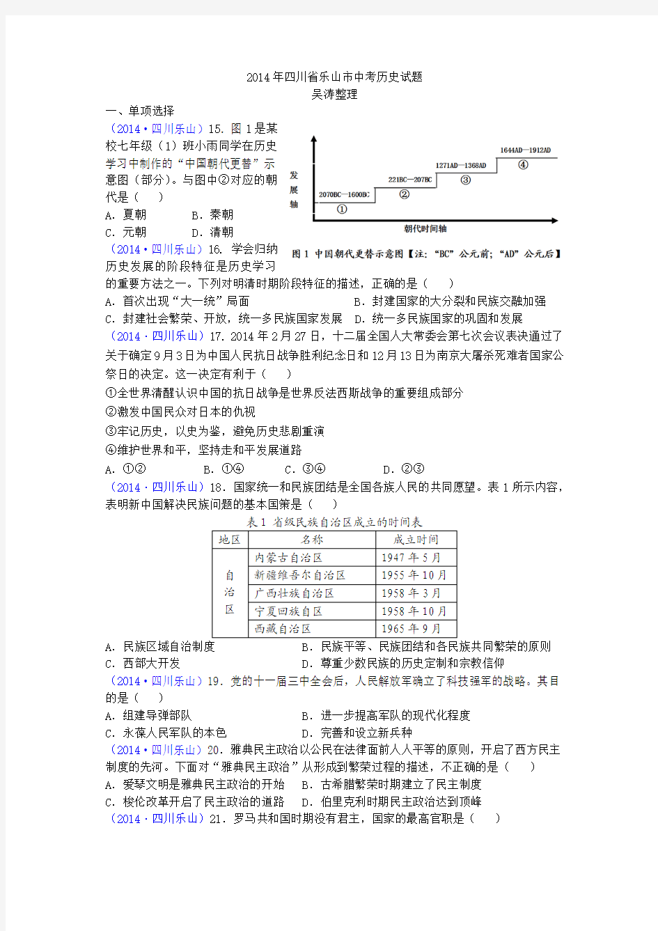 2014年四川省乐山市中考历史试题