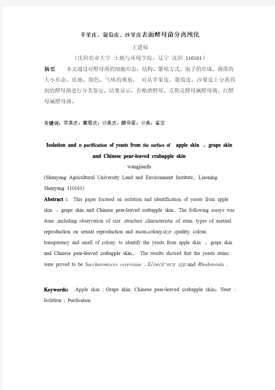 苹果皮、葡萄皮、沙果皮表面酵母菌分离纯化