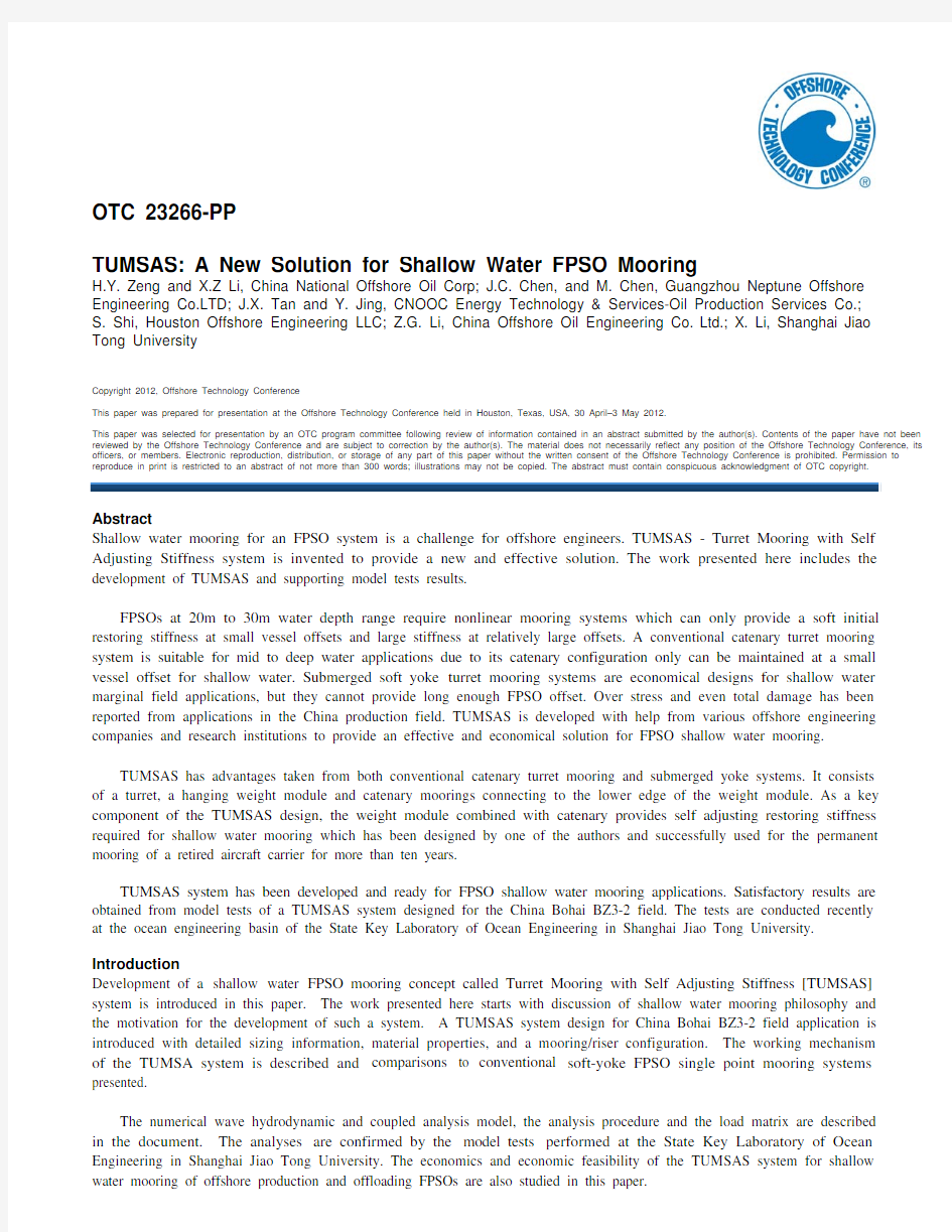 OTC-23266 TUMSAS A New Solution for Shallow Water FPSO Mooring