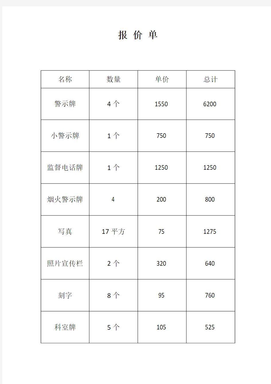 标识牌安装报价单