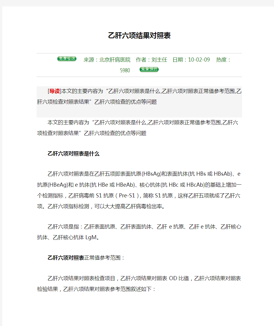 乙肝六项结果对照表