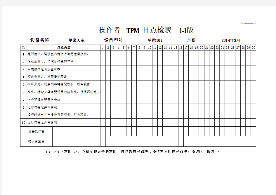 天车起重设备日常点检表