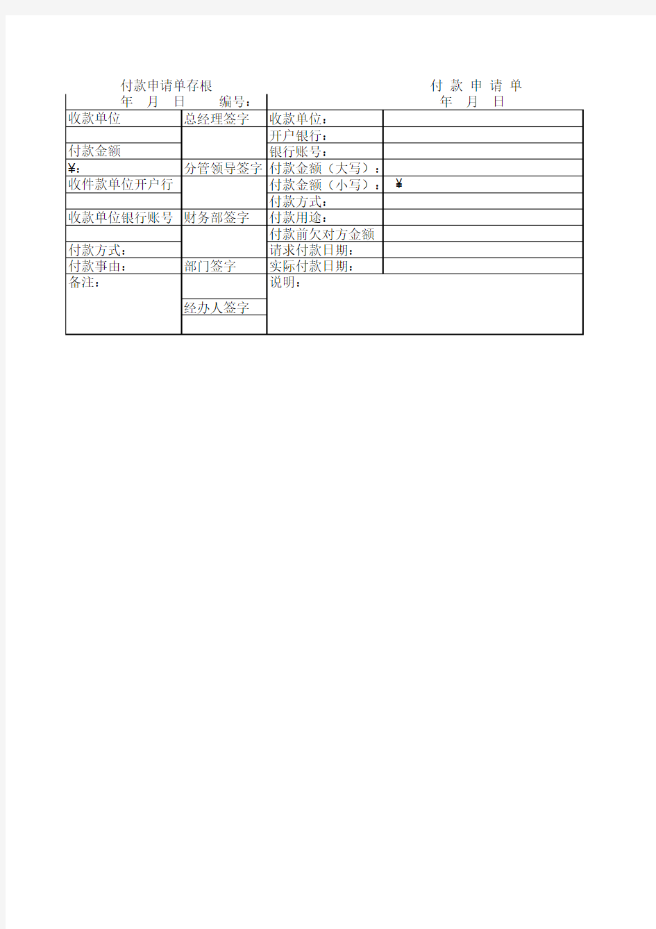 付款申请单模板Excel 工作表