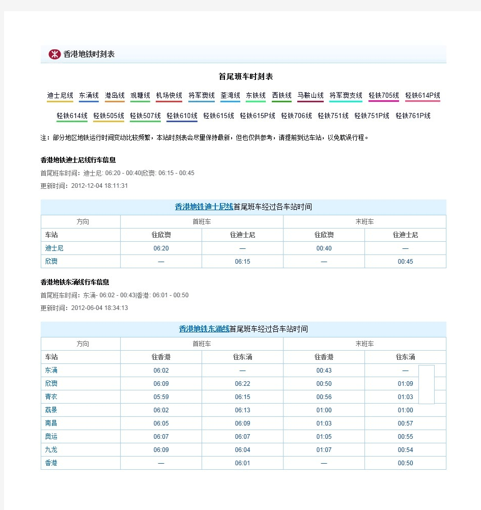 香港地铁时刻表