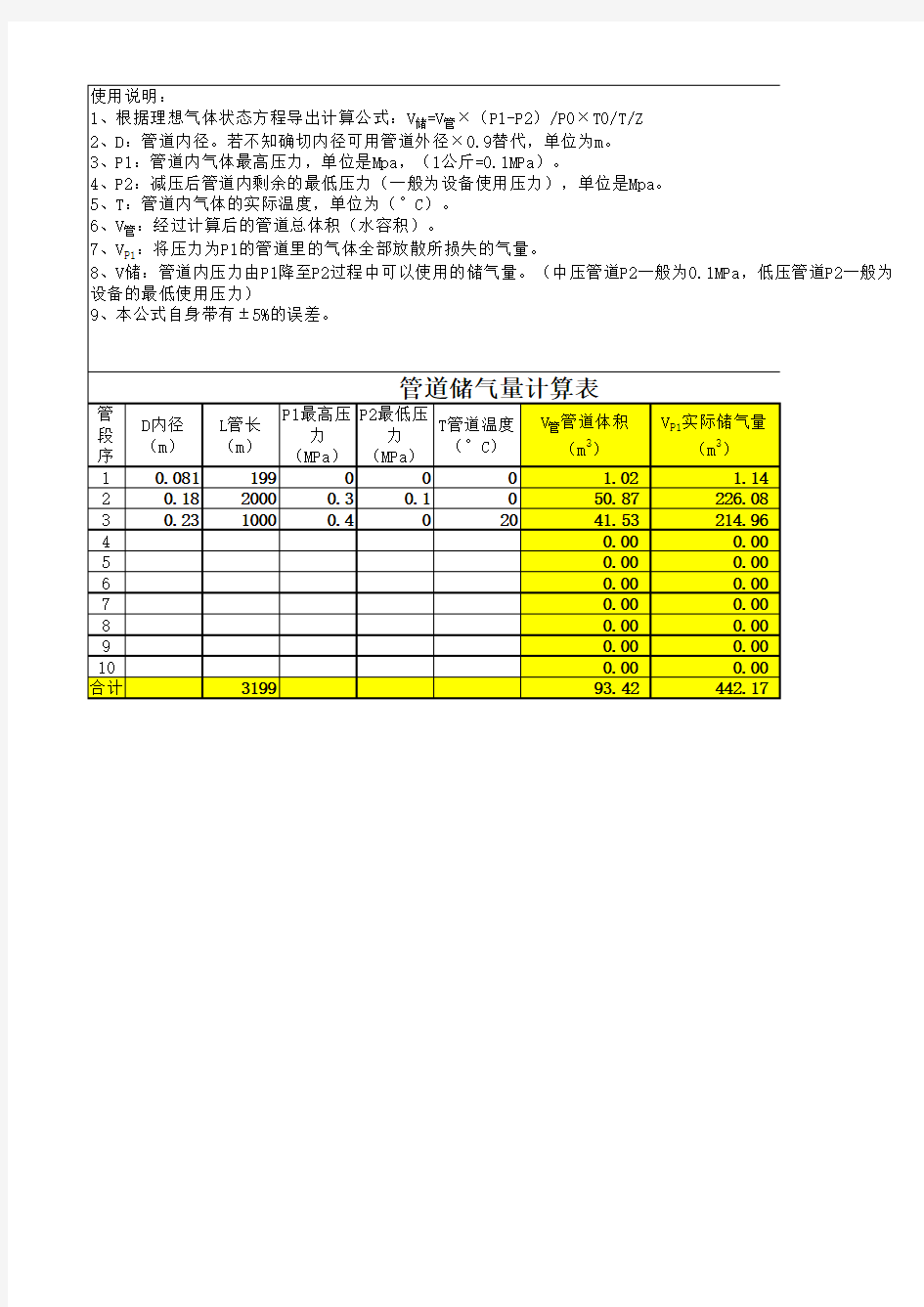 压力管道、压力容器储气量计算表