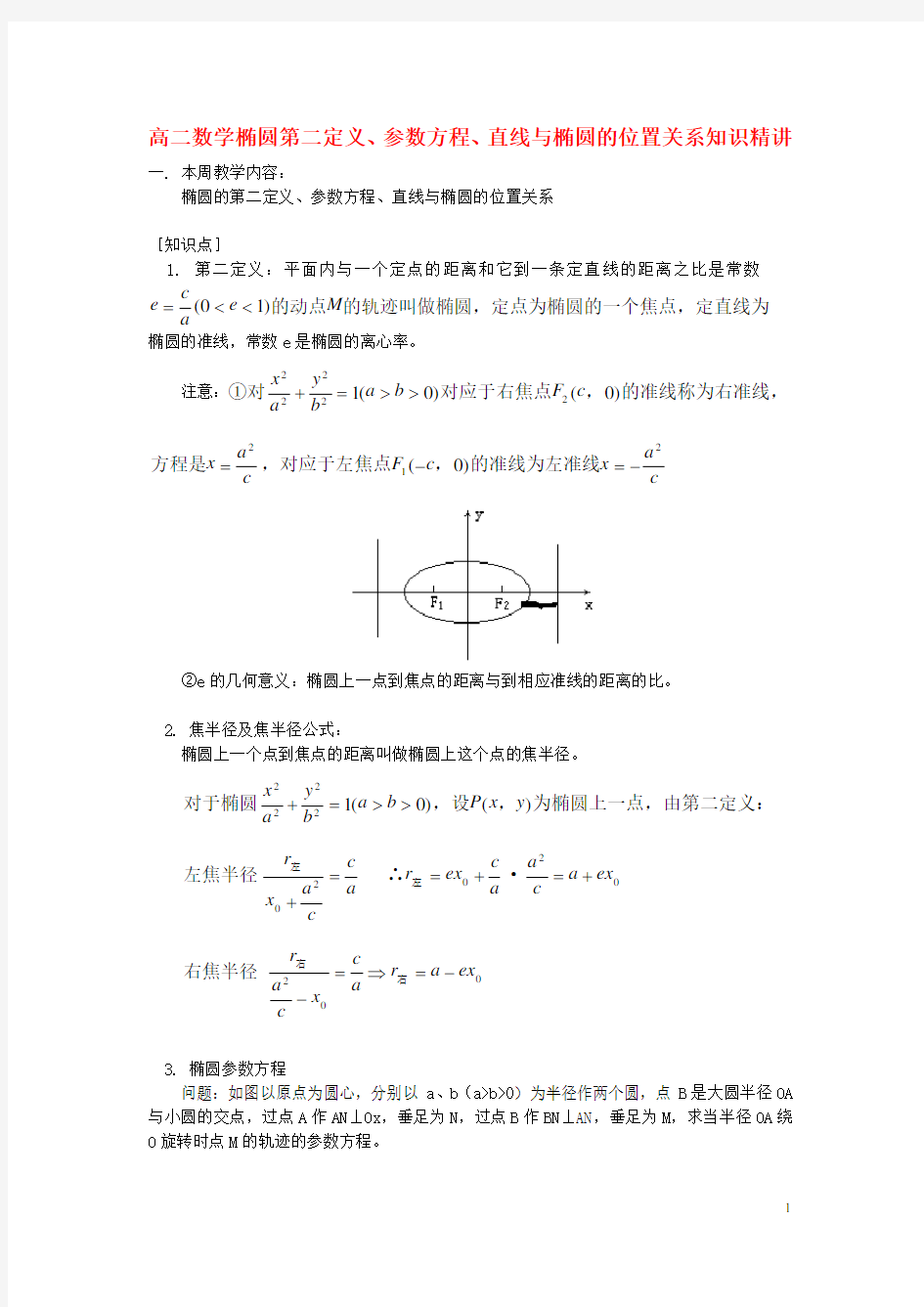 高二数学椭圆的第二定义与双曲线复习