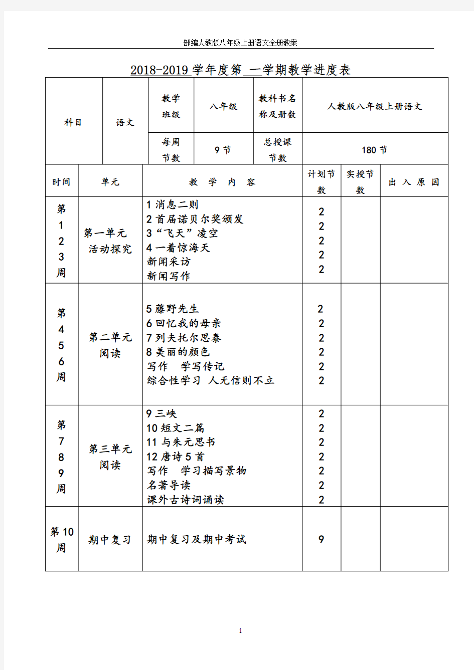 部编人教版八年级上册语文全册教案