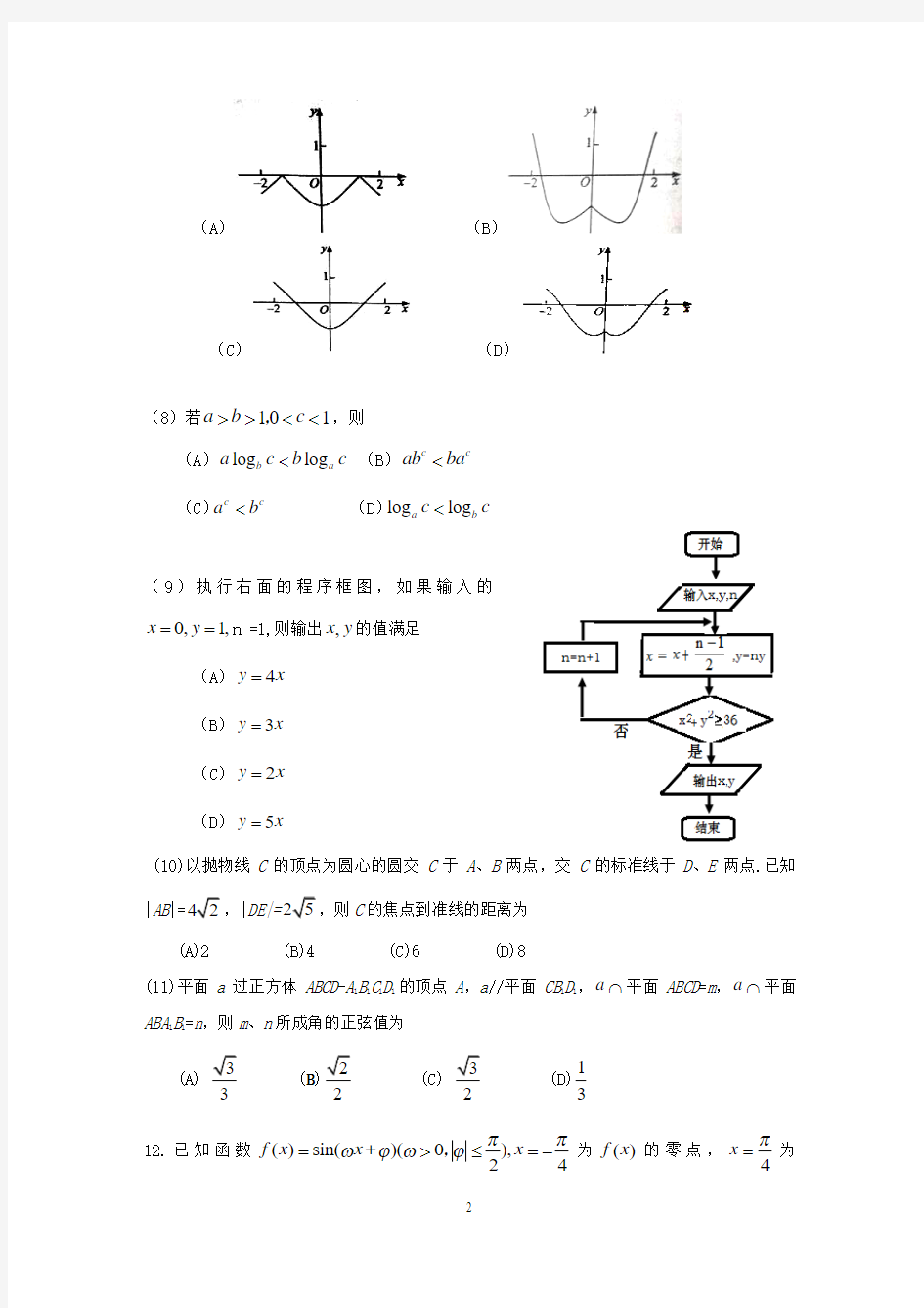 湖南省2016年高考理科数学试题(附答案)