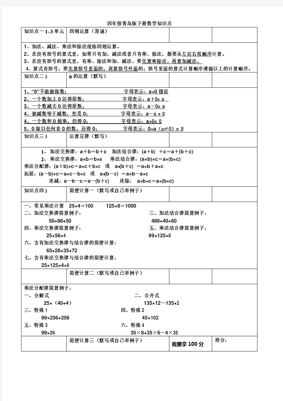 青岛版四年级下册数学复习全部单元知识点总结