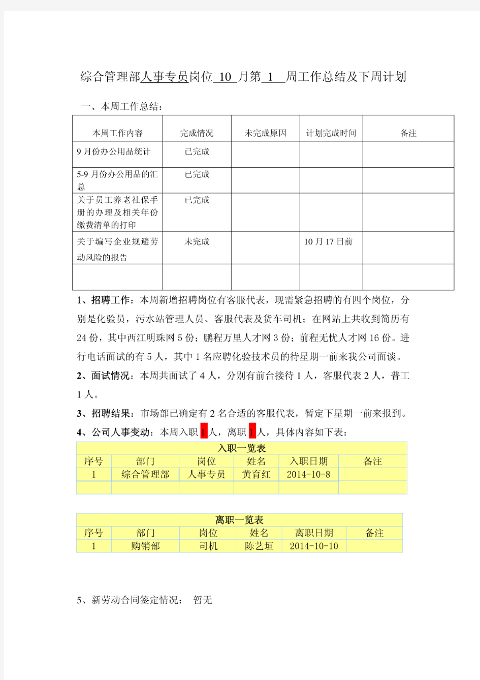 人事专员岗位10月份第一周工作总结及下周计划