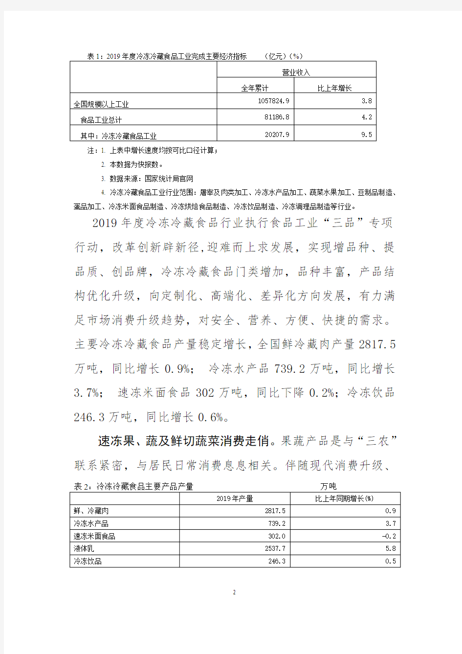 2019年中国冷冻冷藏食品工业经济运行报告
