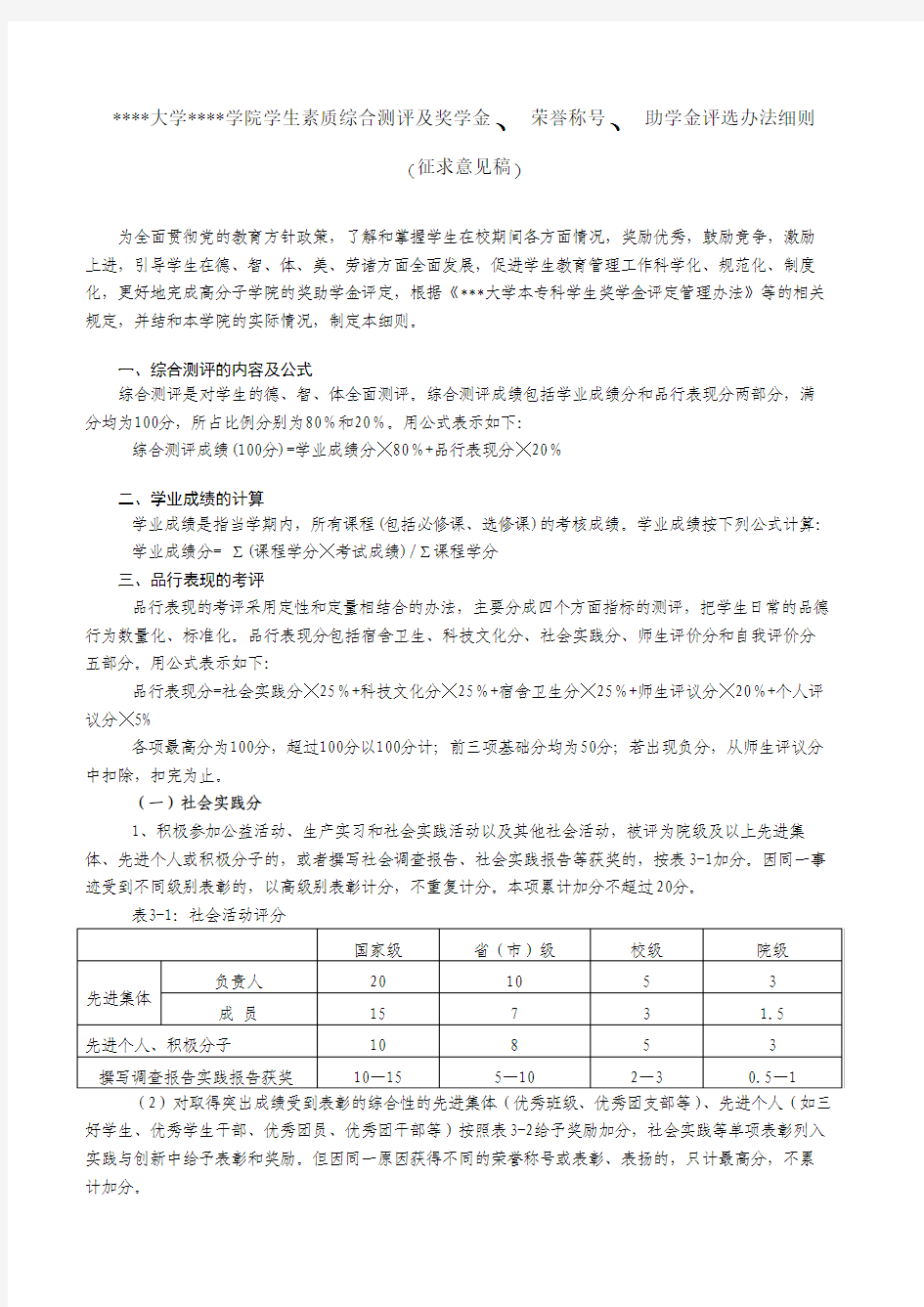 学生素质综合测评及奖学金、荣誉称号、助学金评选办法细则