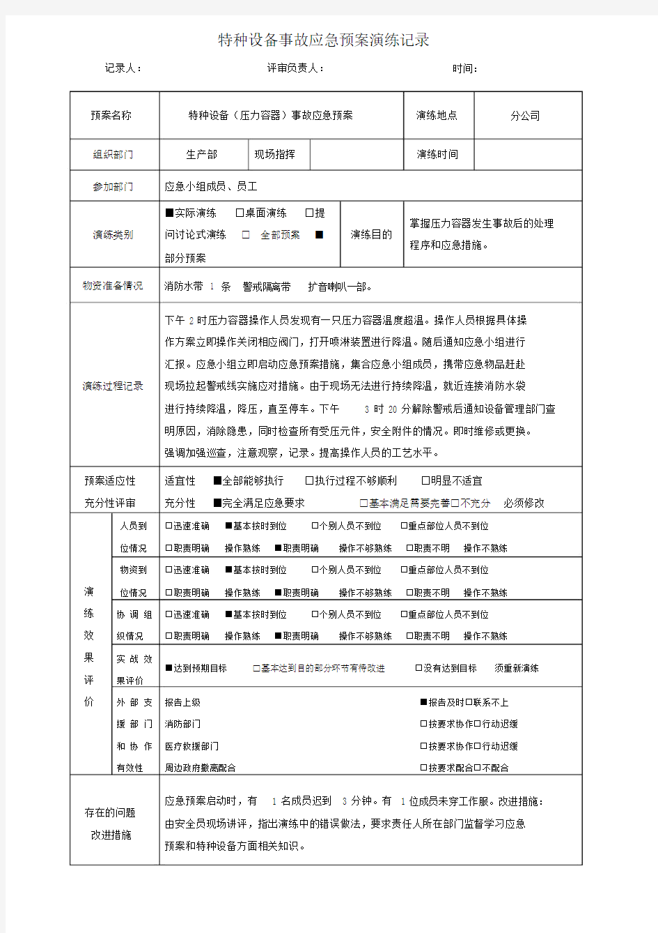 特种设备事故(压力容器)应急预案演练记录