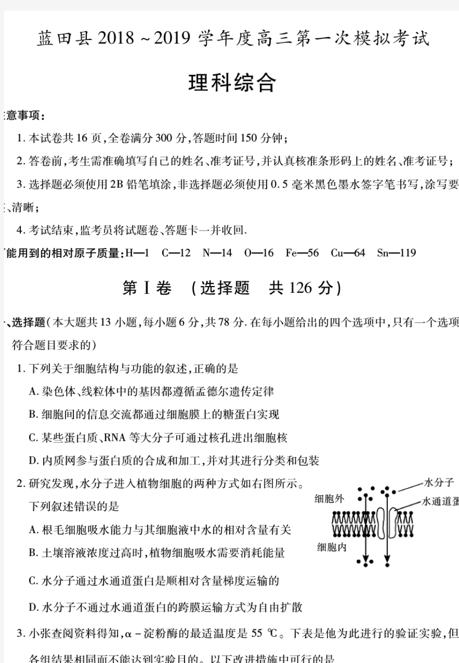 陕西省西安市蓝田县2018-2019学年高三第一次模拟考试理科综合PDF版