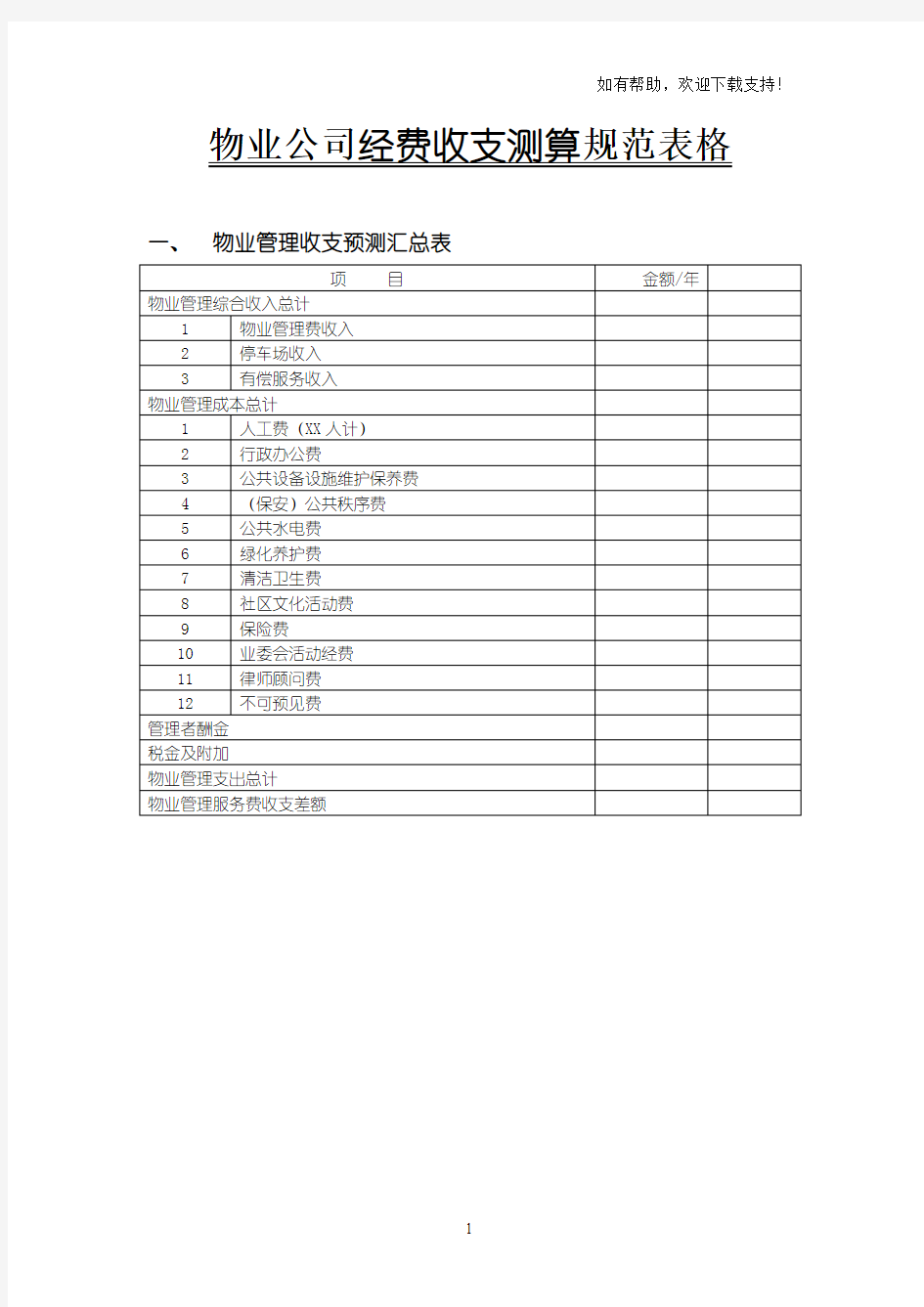 物业项目经费收支预算规范表格