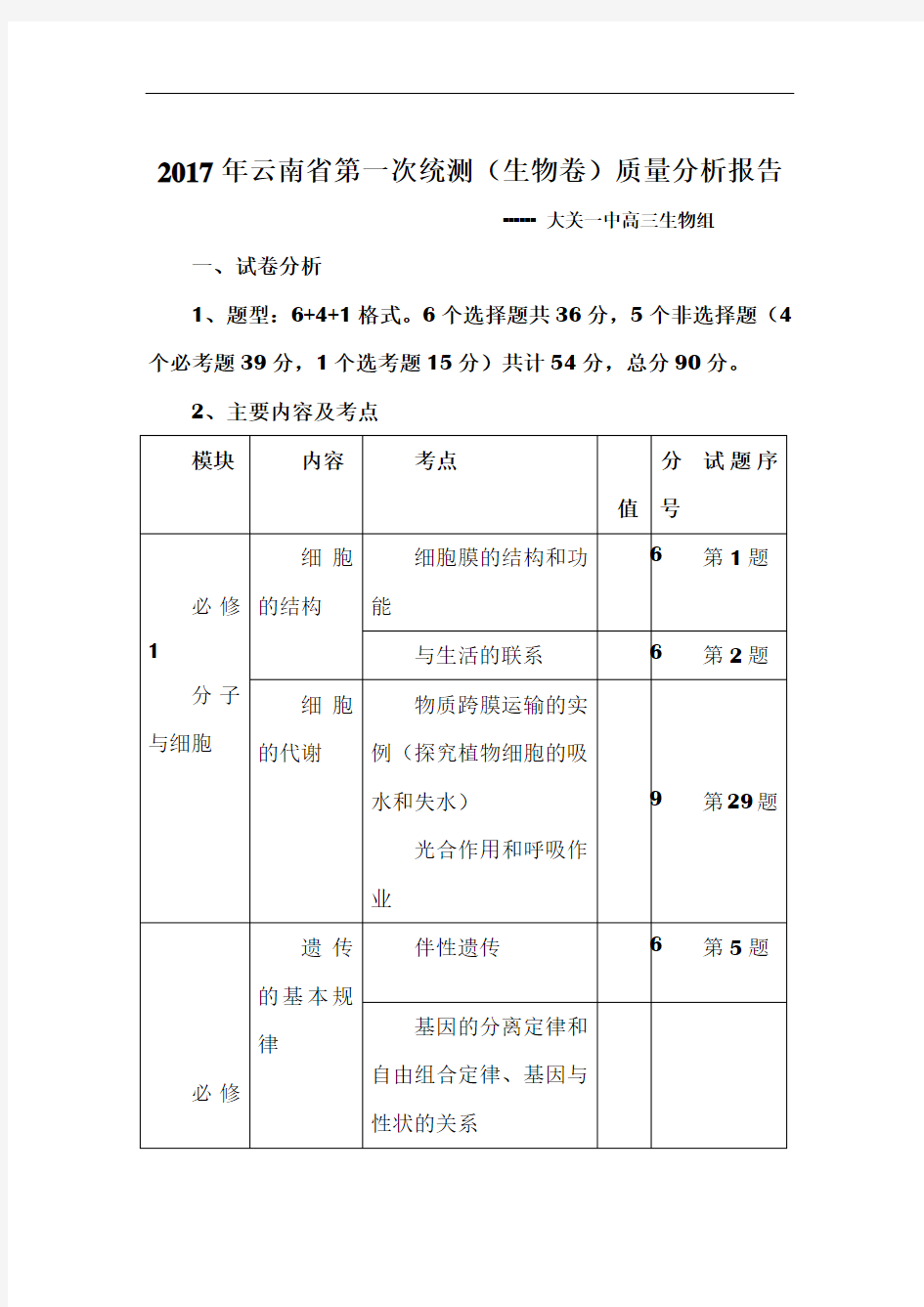 2017年云南省第一次统测(生物)质量分析报告