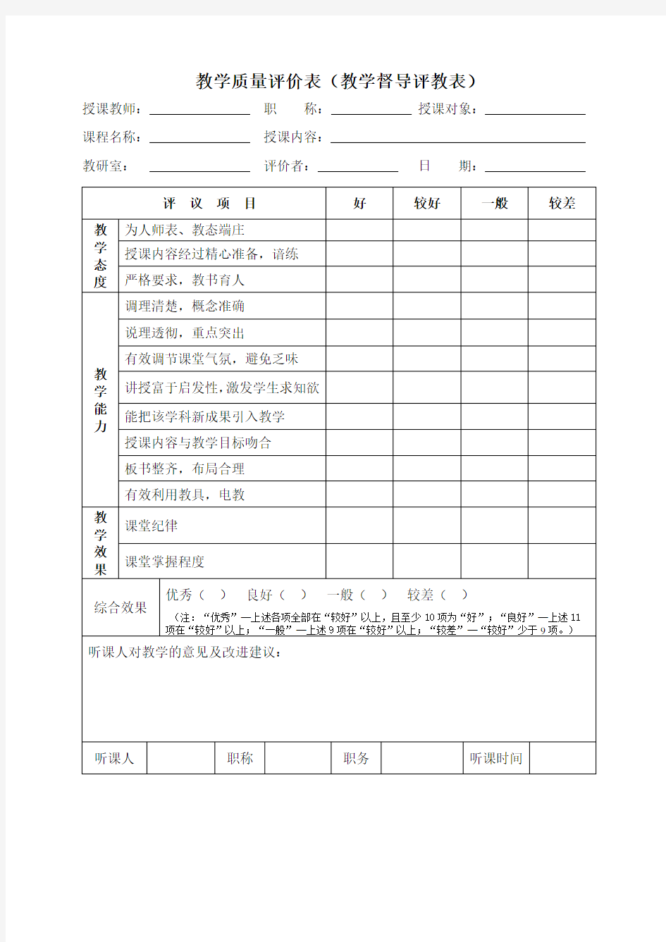 教学质量评价表(含老师及学生)