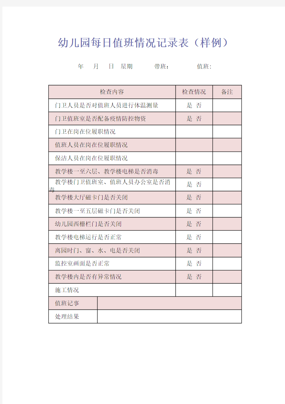 幼儿园每日值班情况记录表