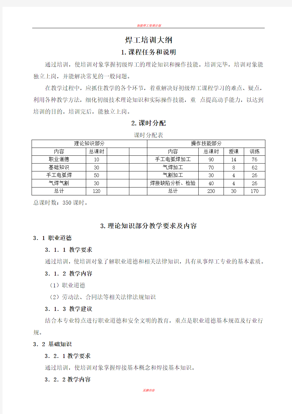 初级焊工培训计划和大纲