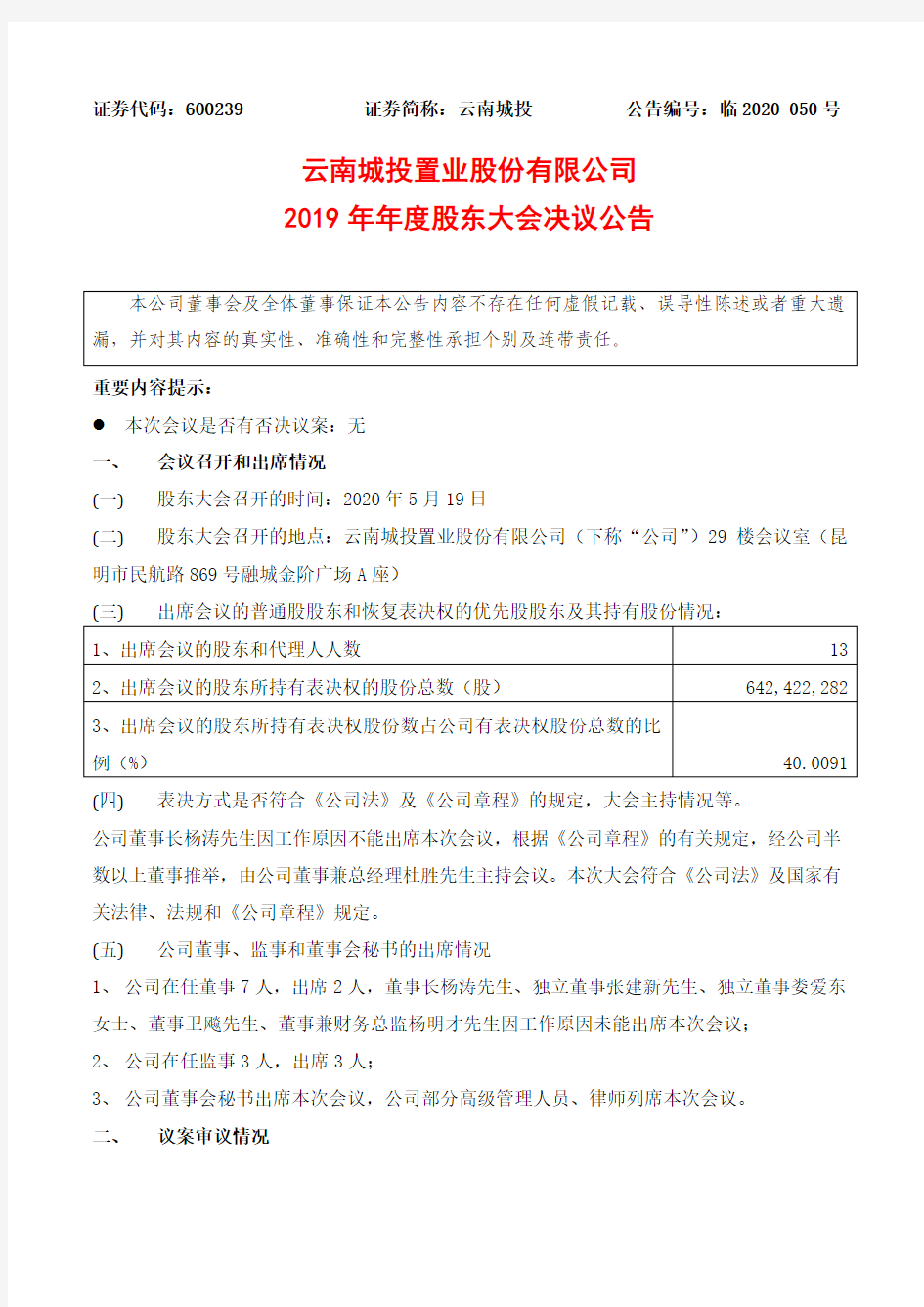 云南城投：2019年年度股东大会决议公告