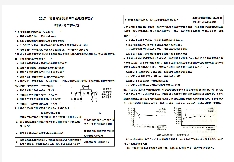 2017年福建省质检理综生物试题及参考答案