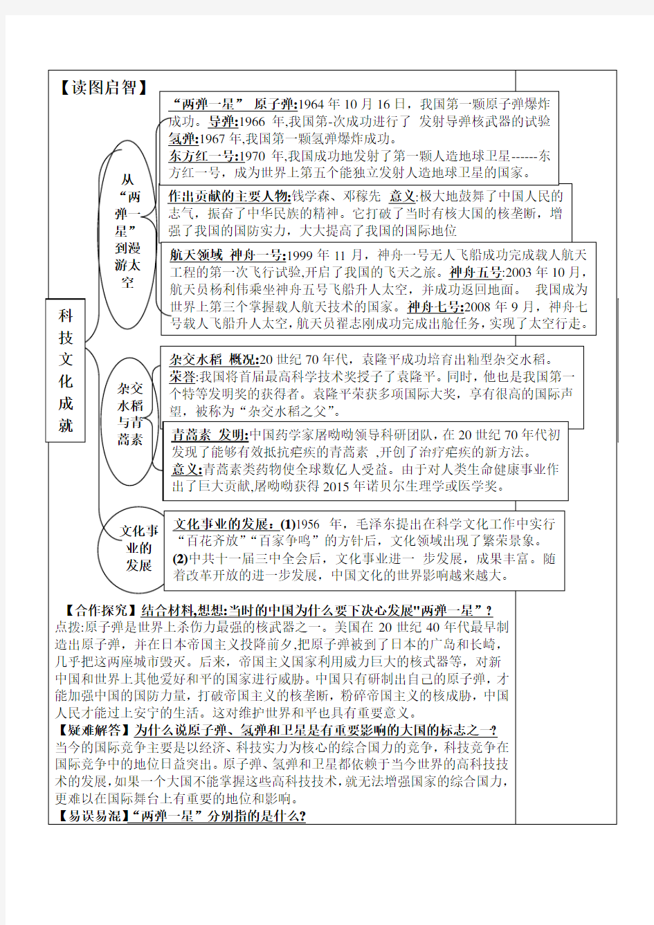 人教部编版八年级历史下册第18课科技文化成就 导学案和答案