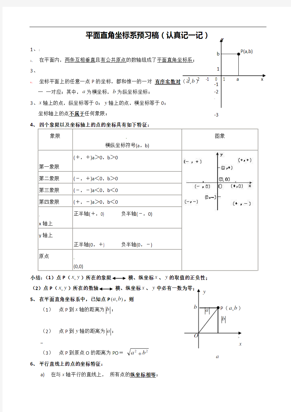 平面直角坐标系知识点归纳