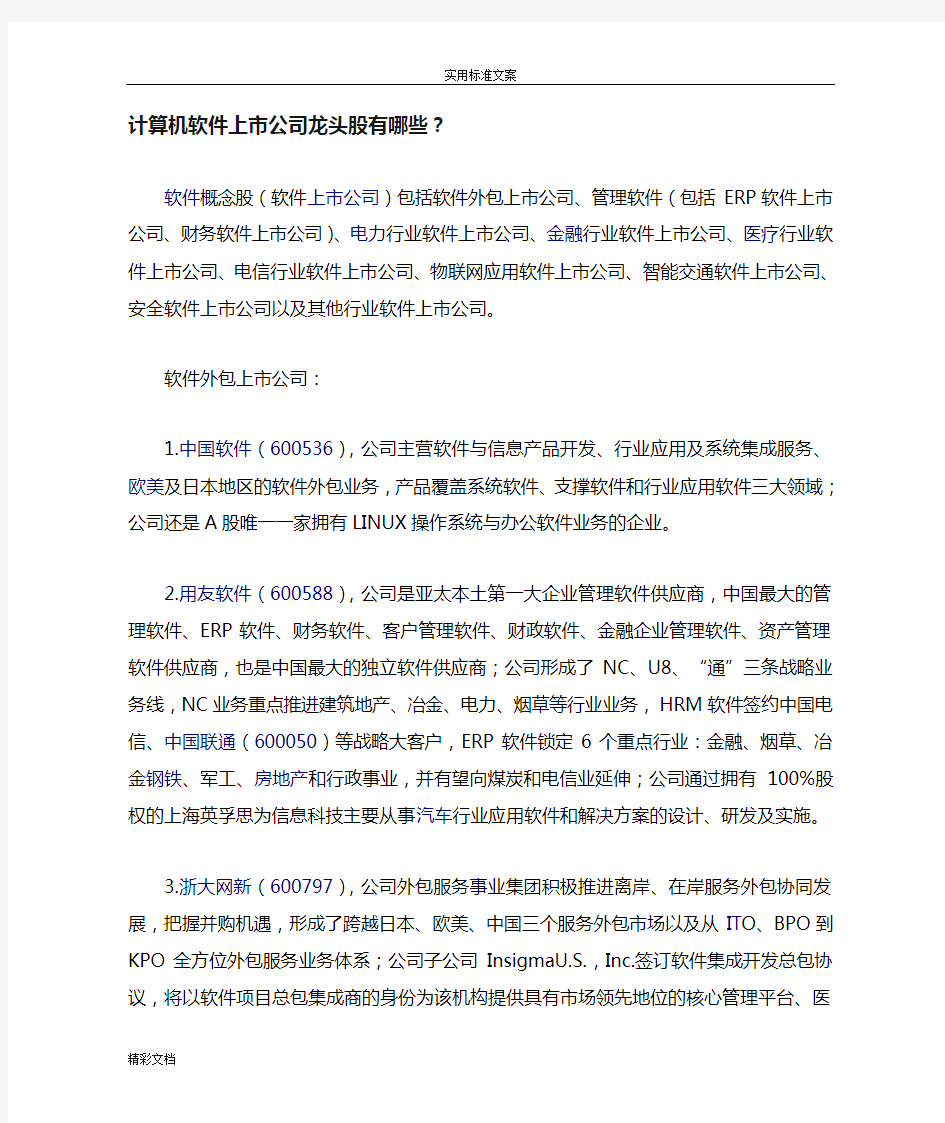 计算机的软件上市公司的龙头股有哪些