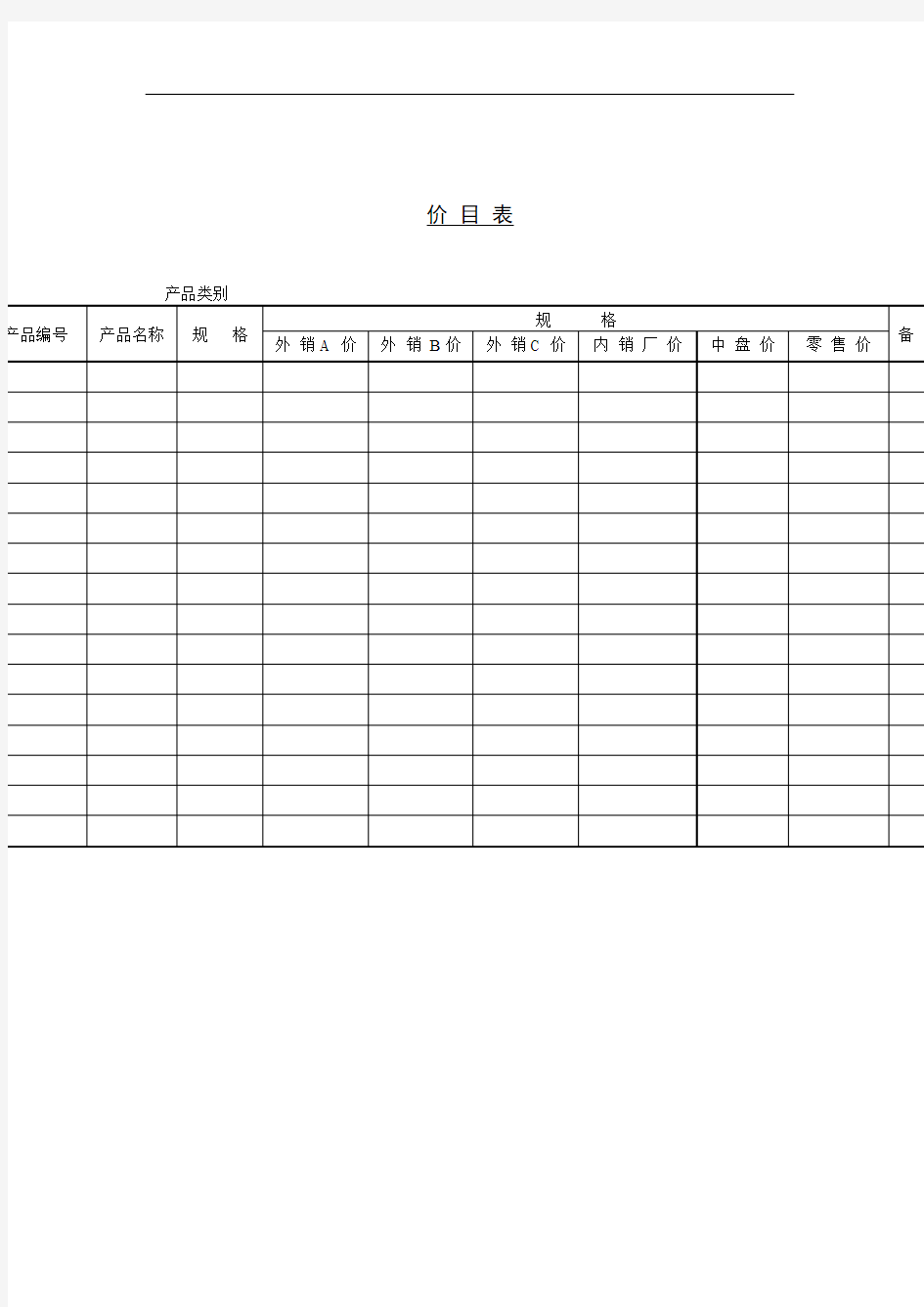 产品规格售价明细表
