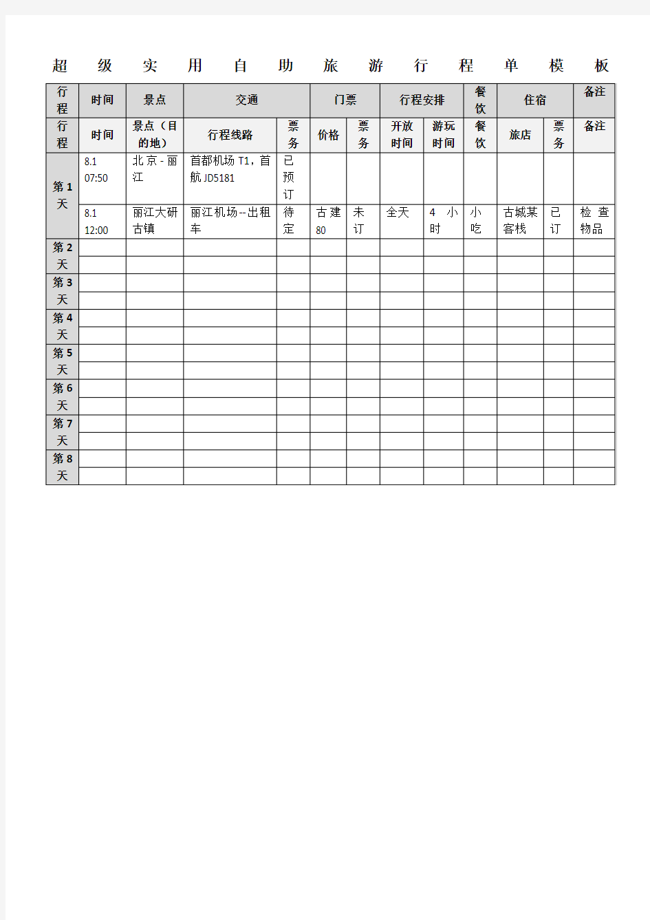 超级实用自助旅游行程单模板