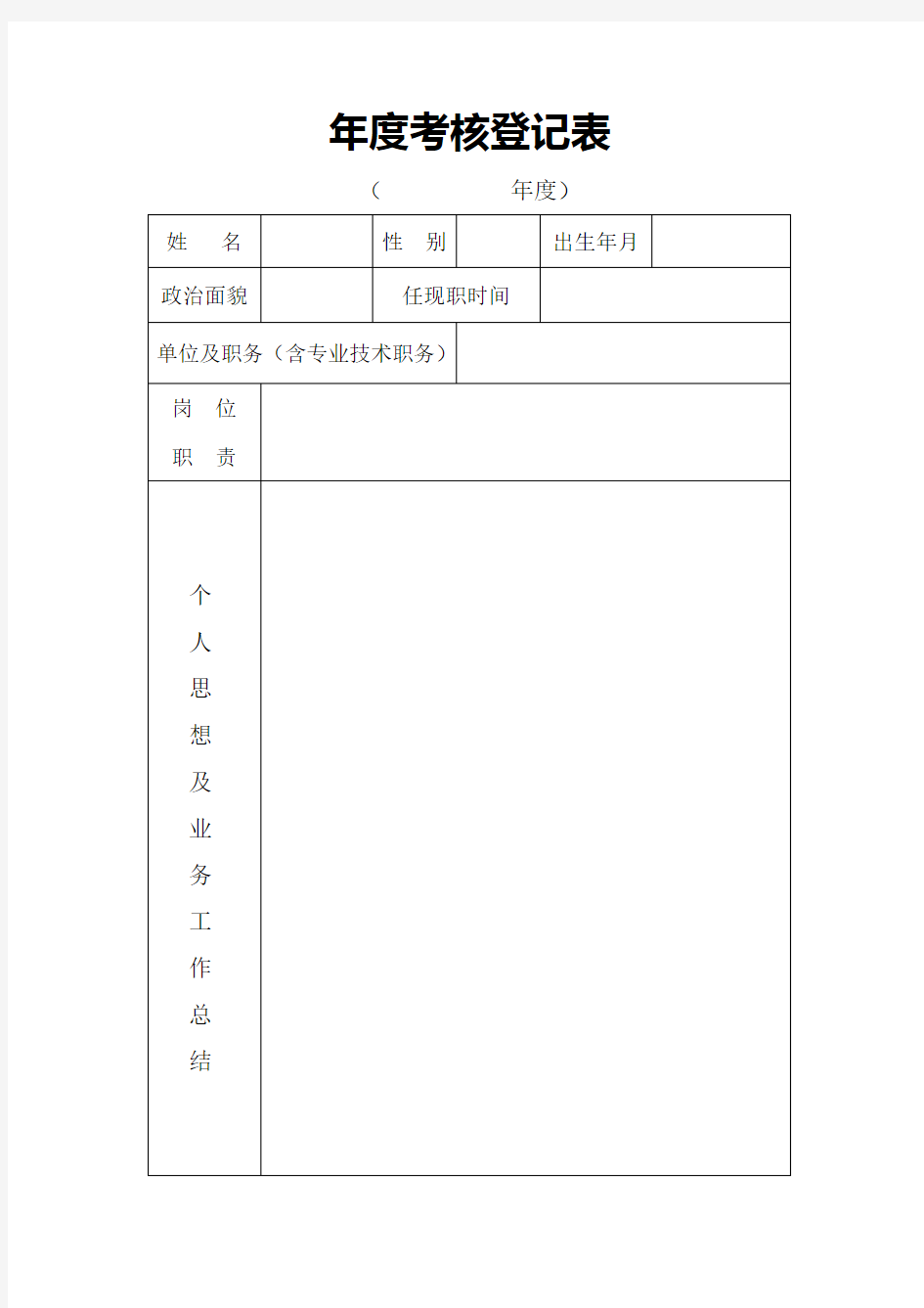 企业员工年度考核登记表模版