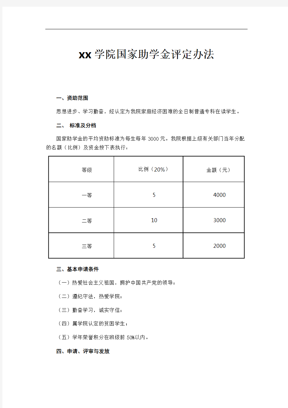 xx学院国家助学金评定办法