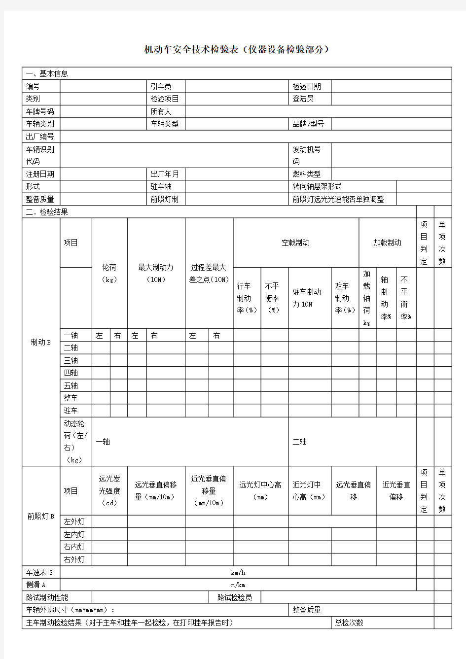 机动车安全技术检验表 仪器设备检验部分 