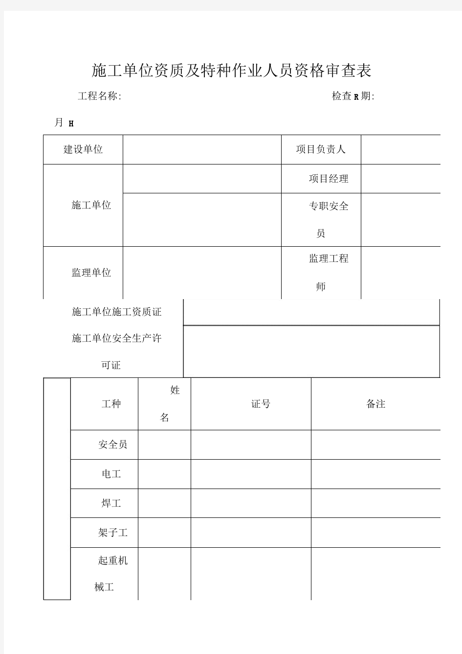 施工单位资质及特种作业人员资格审查表