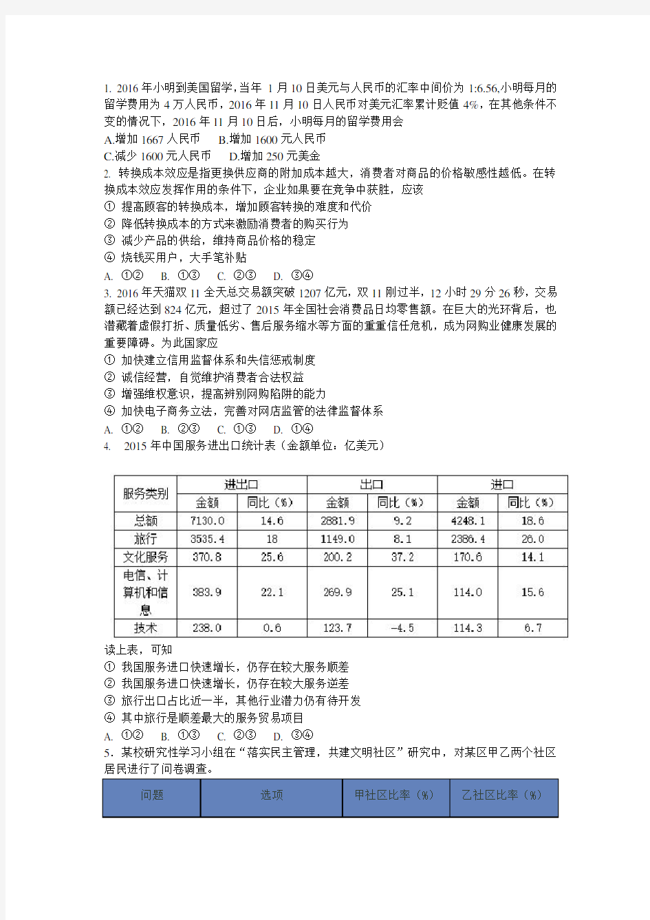 2017年文综政治高考第一次模拟考试试卷