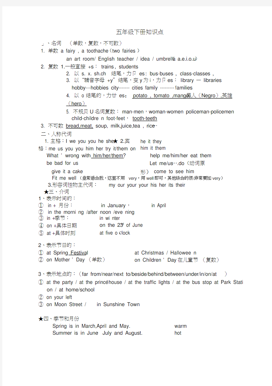 译林版五年级英语下册语法知识点总结