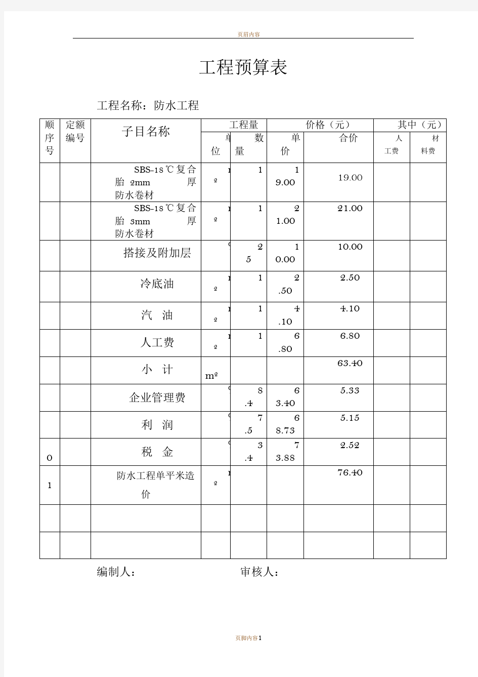 防水工程预算表