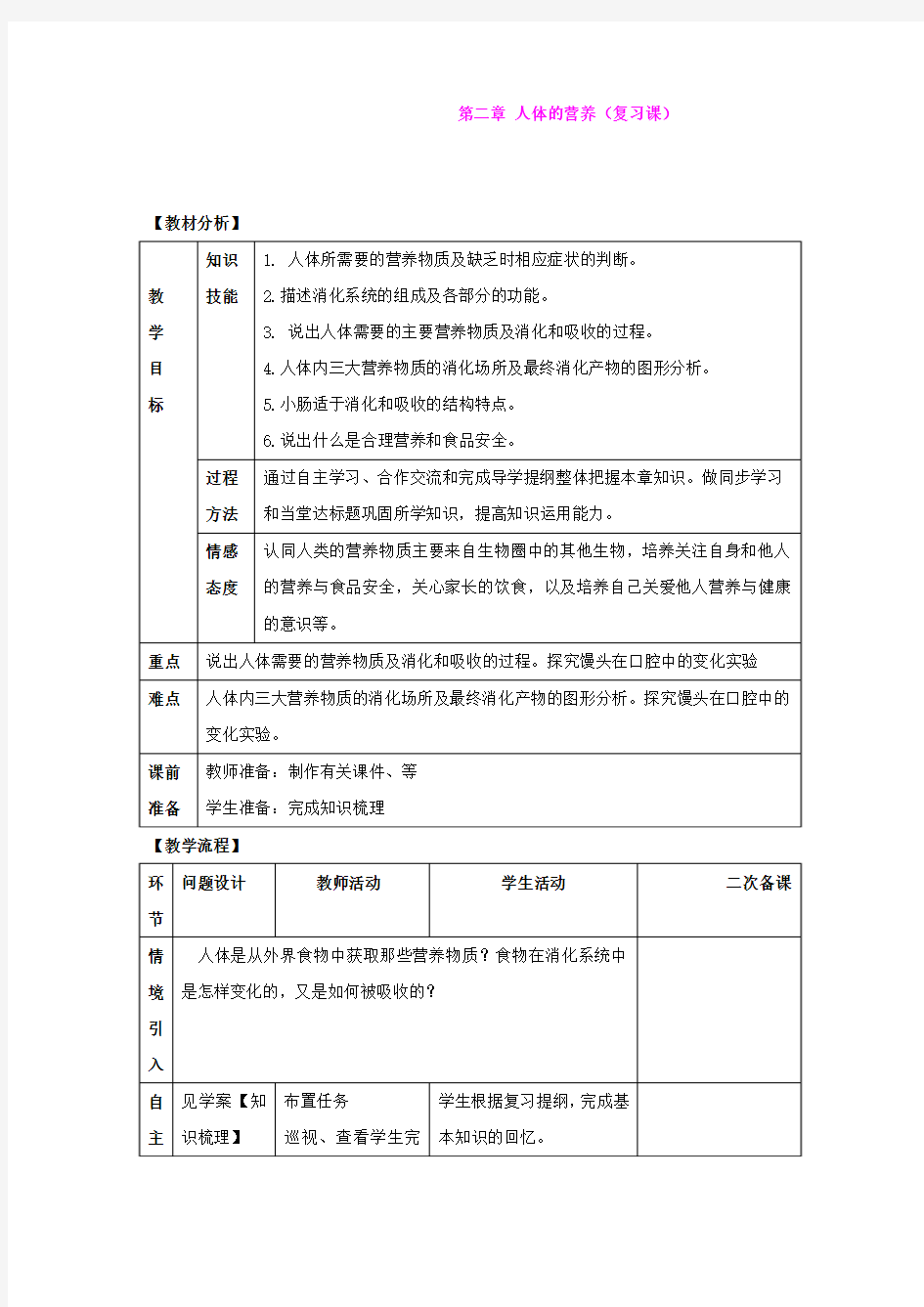 第二章人体的营养 复习课教案(人教版七年级下)