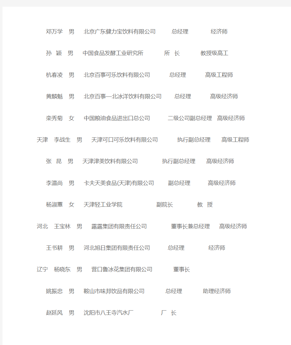 中国饮料工业协会第二届理事会理事名单
