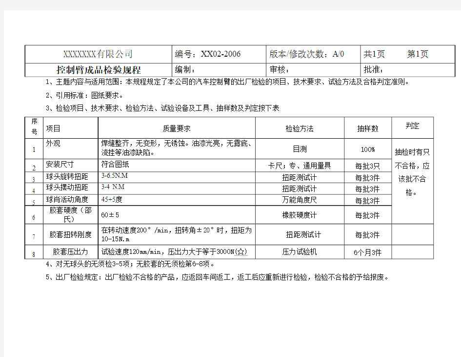 汽车部件控制臂成品检验规程.