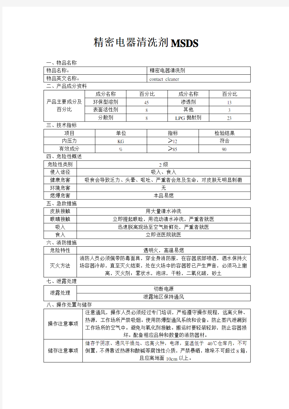 精密电器清洗剂MSDS