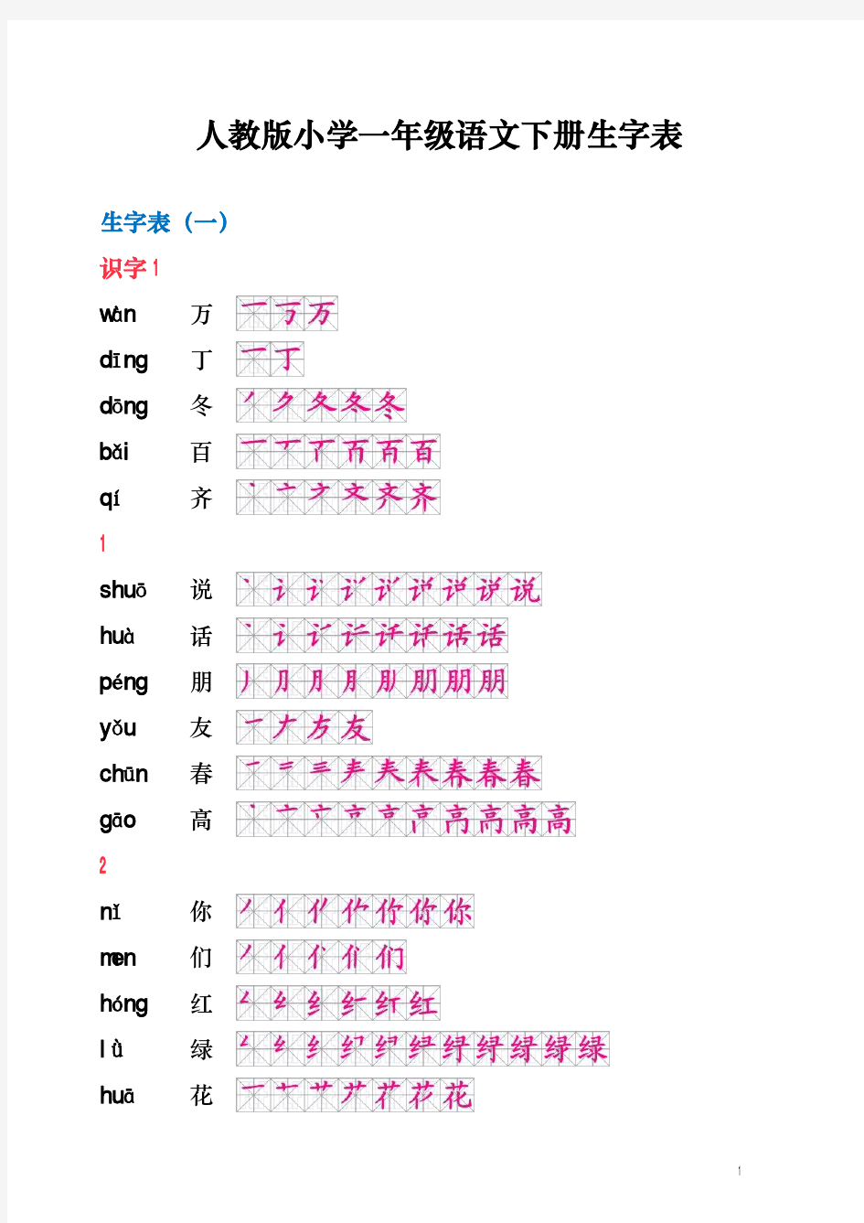 人教版小学一年级语文下册生字笔顺