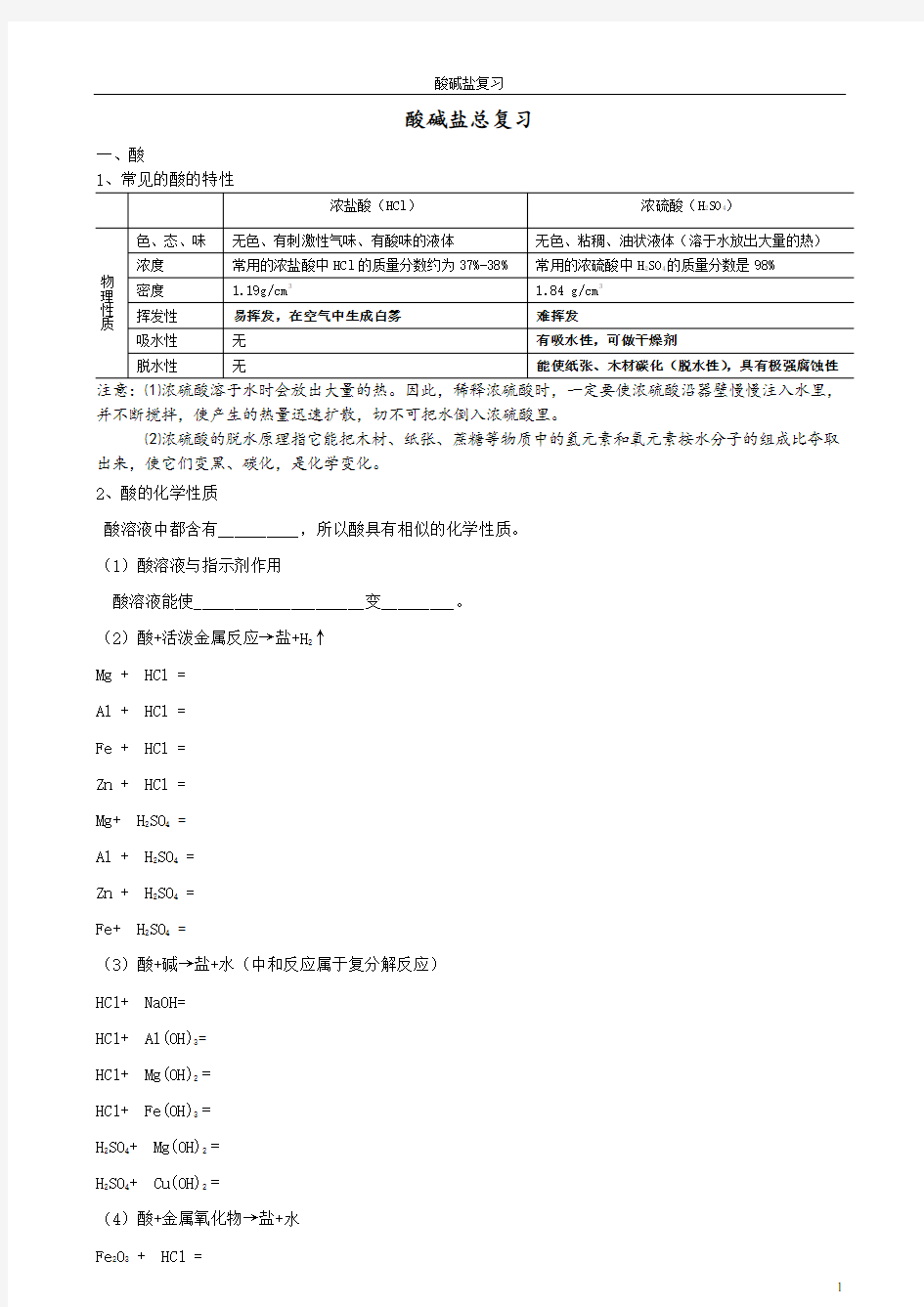 酸碱盐总复习综合练习题目精华版